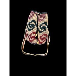 Hand Woven Boho Drawstring Bucket Shoulder Crossbody Shopping Bag Spiral Pattern